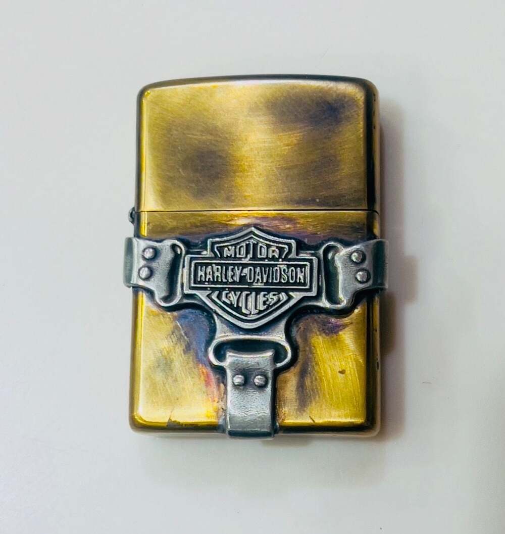 Vintage Harley Davidson Motorcycles Bootstrap Silver and Brass Lighter Case